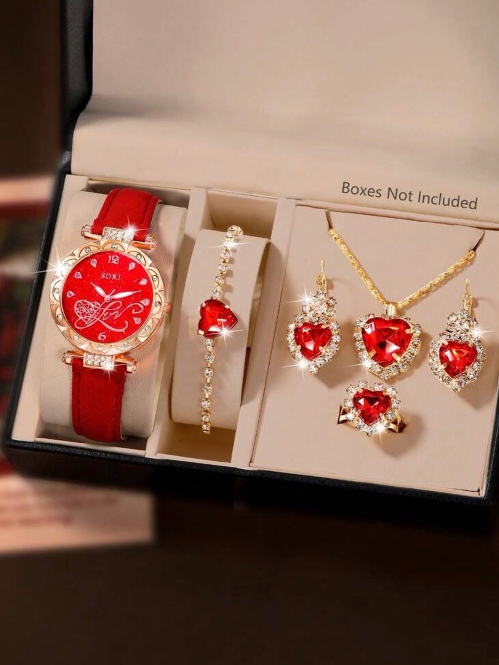 Red Heart Crystal Watch and Jewelry Set -